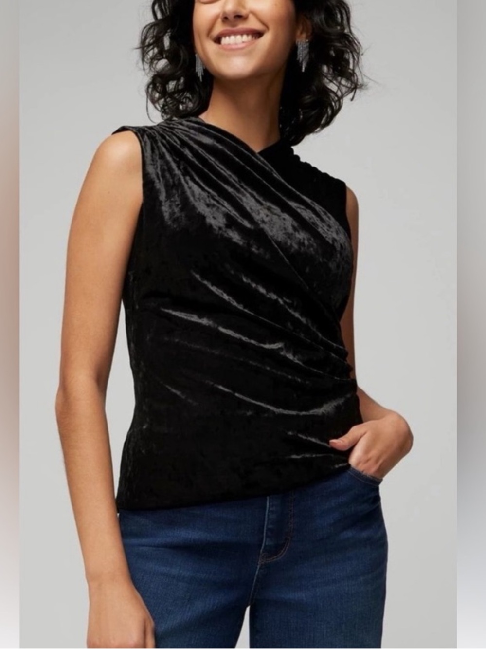 White House Black Market Black Velvet Sleeveless Draped Front Top